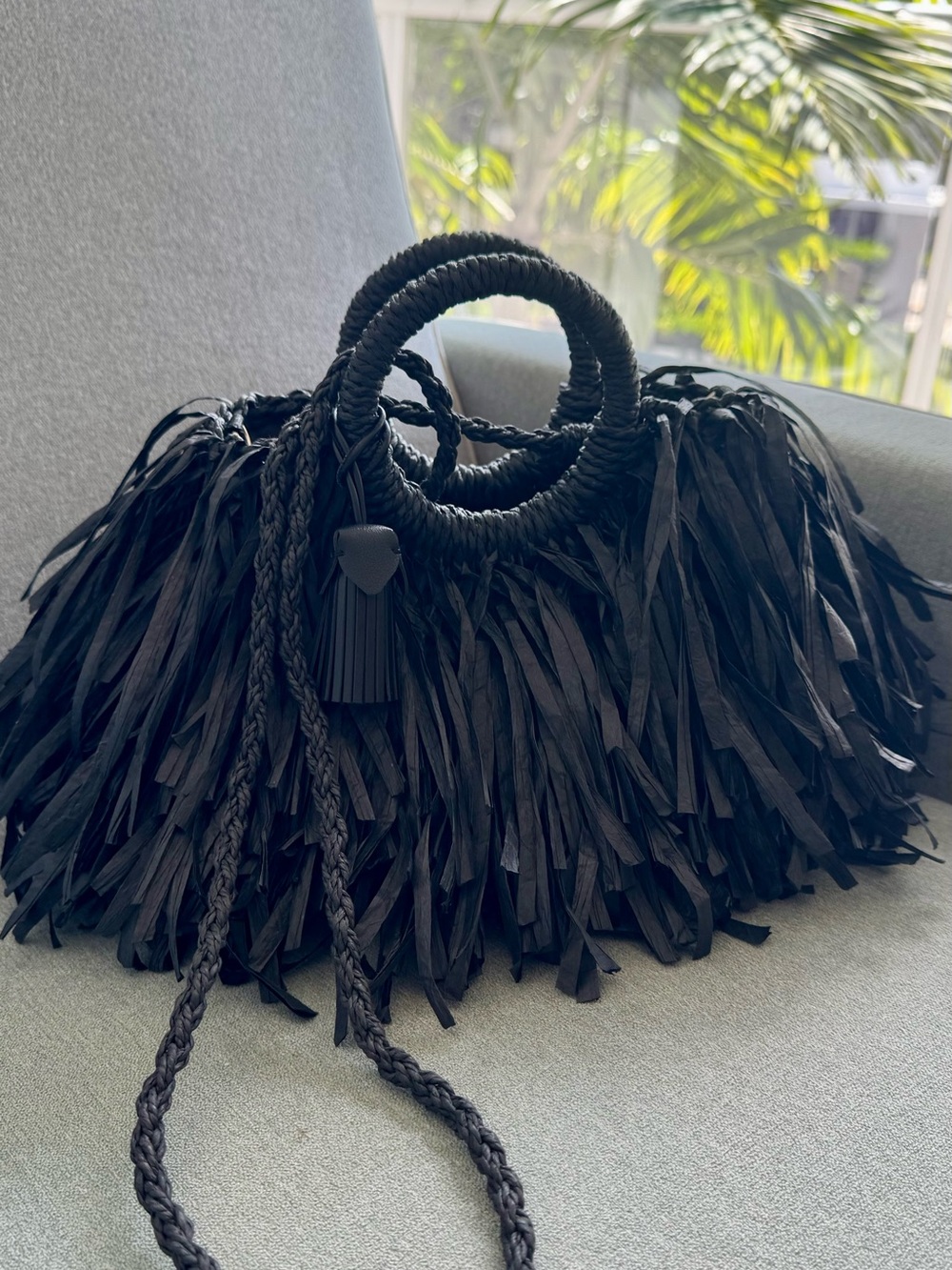 Black Fringe Straw Tote with Braided Round Handles